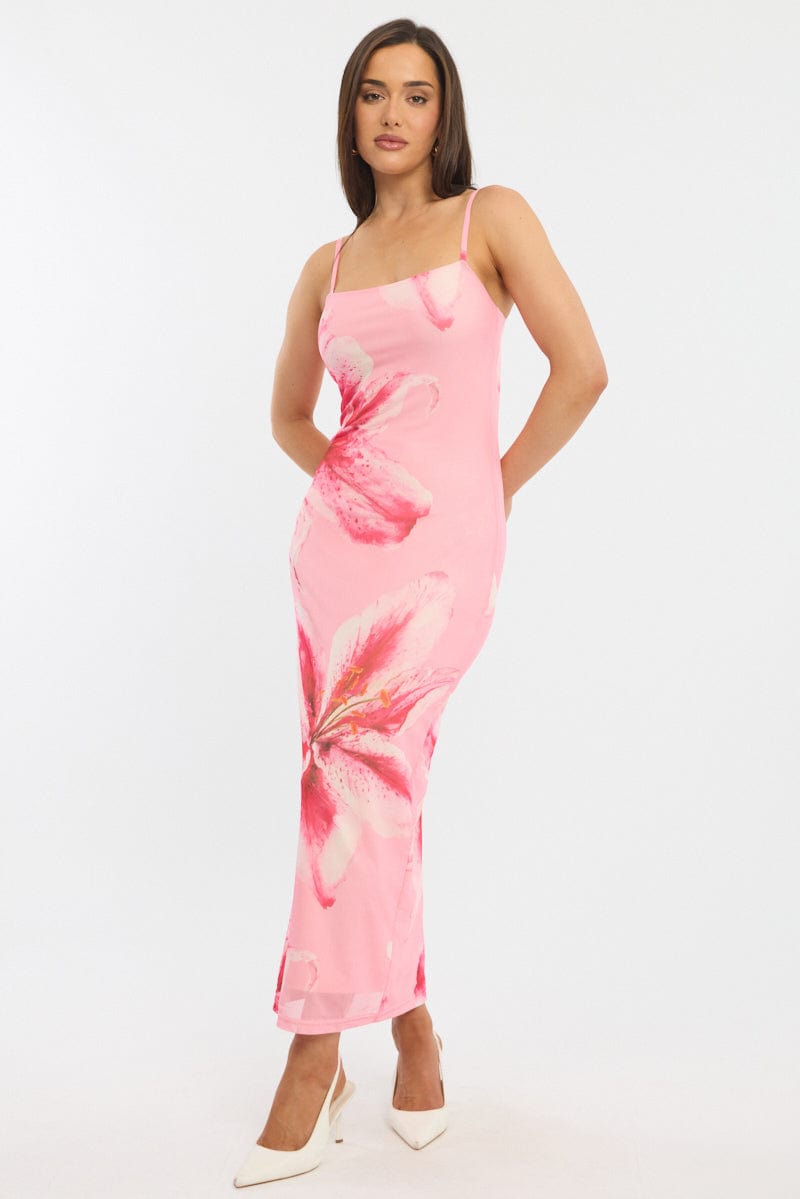 Pink Floral Bodycon Dress Mesh