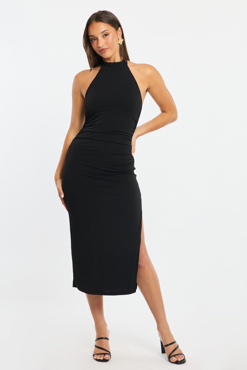 Black Bodycon Dress High Neck Side Ruched | Ally Fashion Black Bodycon Dress High Neck Side Ruched | Ally Fashion