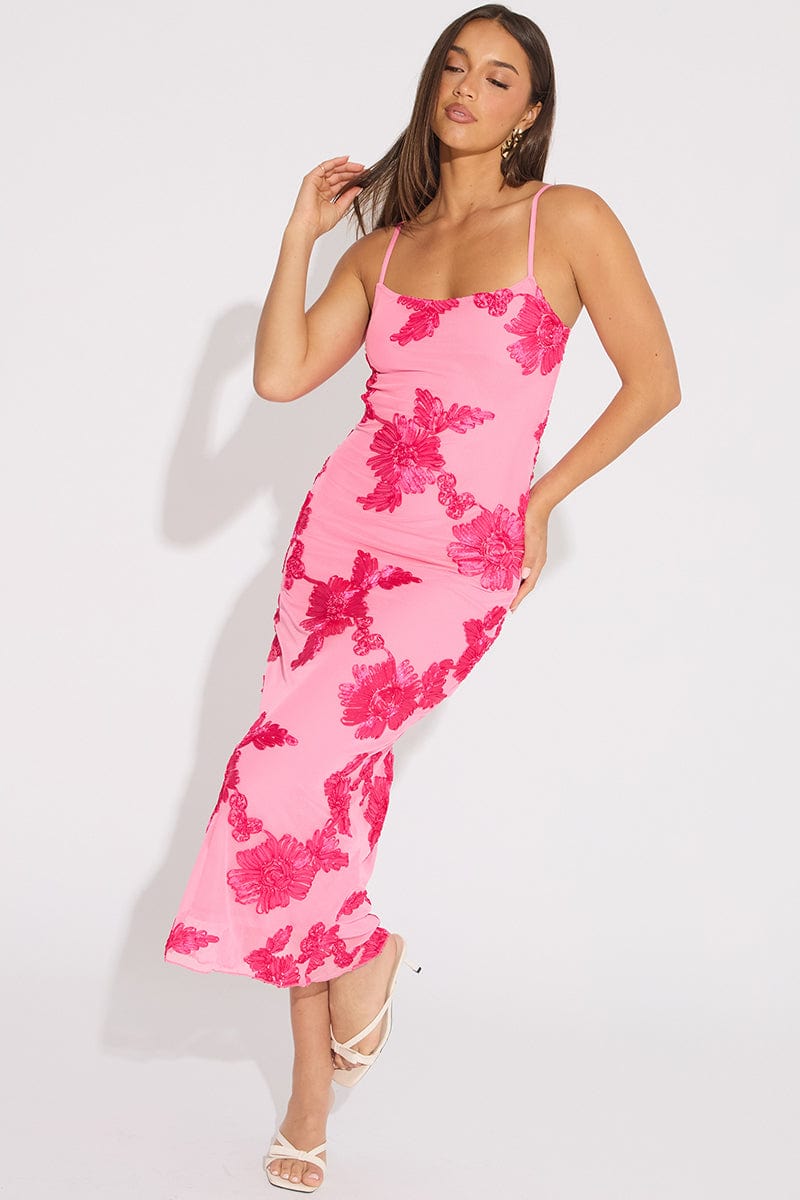 Pink Bodycon Dress Embroidered Mesh | Ally Fashion Pink Bodycon Dress Embroidered Mesh | Ally Fashion