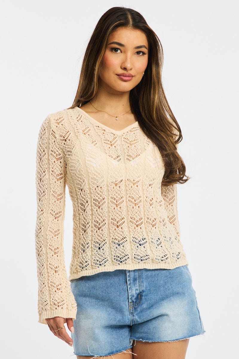 Beige Crochet Knit Top Long Sleeve Ally Fashion