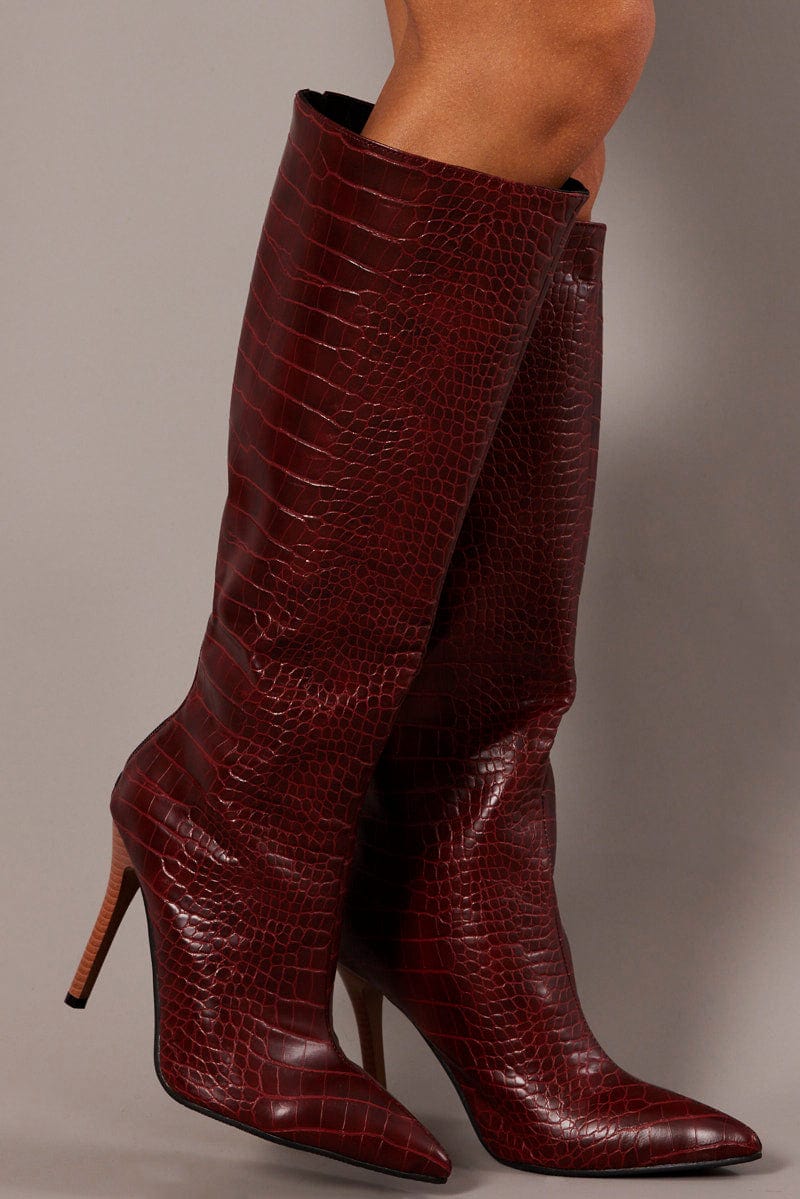 Brown Heeled Knee High Boots in Croc Ally Fashion