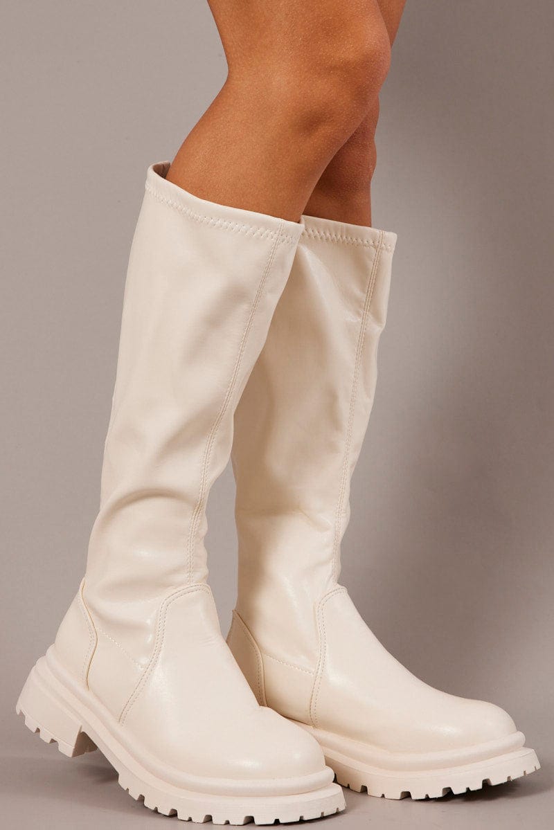 White Chunky Knee High Boots Ally Fashion