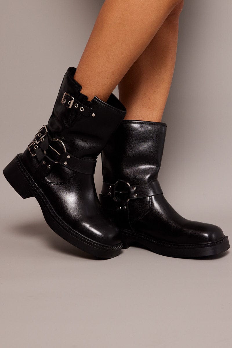 Black Multi Buckle Biker Boots Ally Fashion