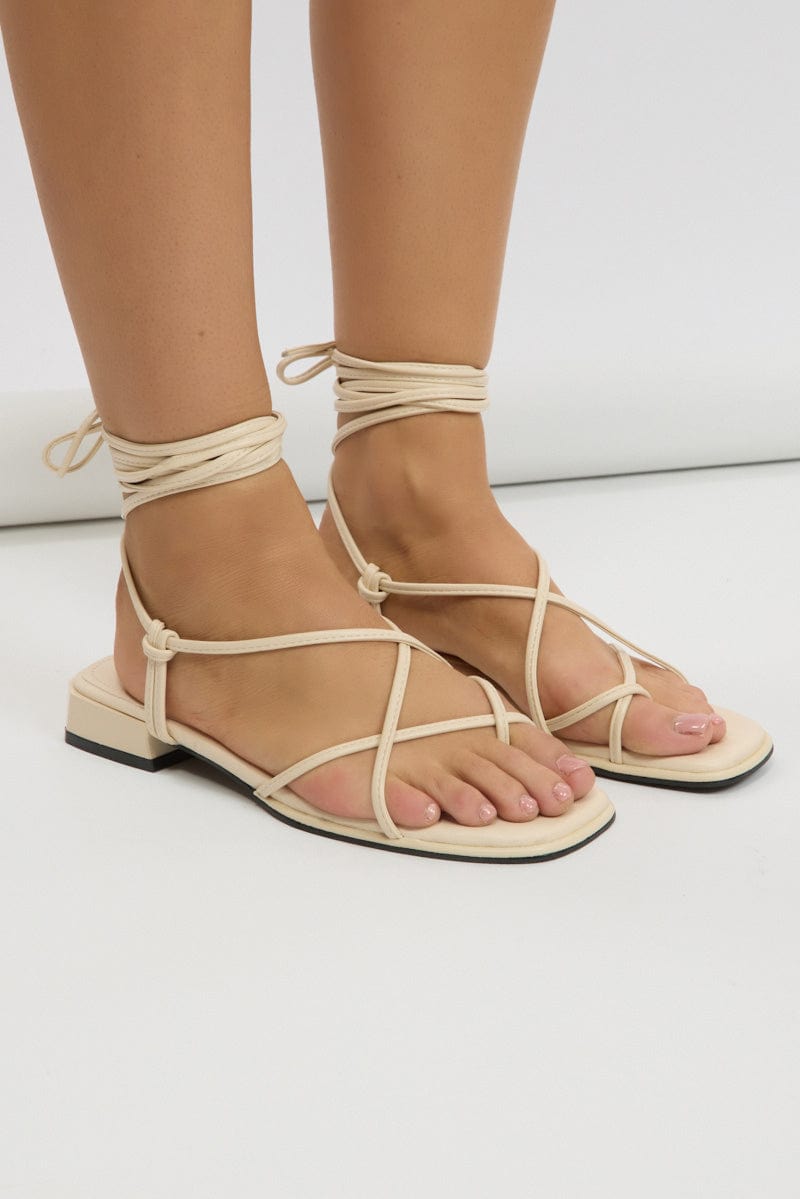 White Tie Leg Strappy Flat Sandals Ally Fashion