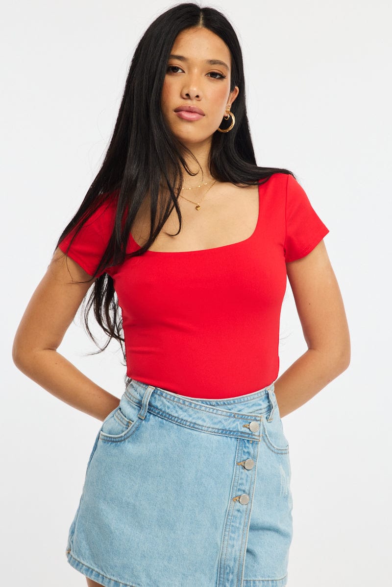 Red Supersoft Top Square Neck Short Sleeve | Ally Fashion