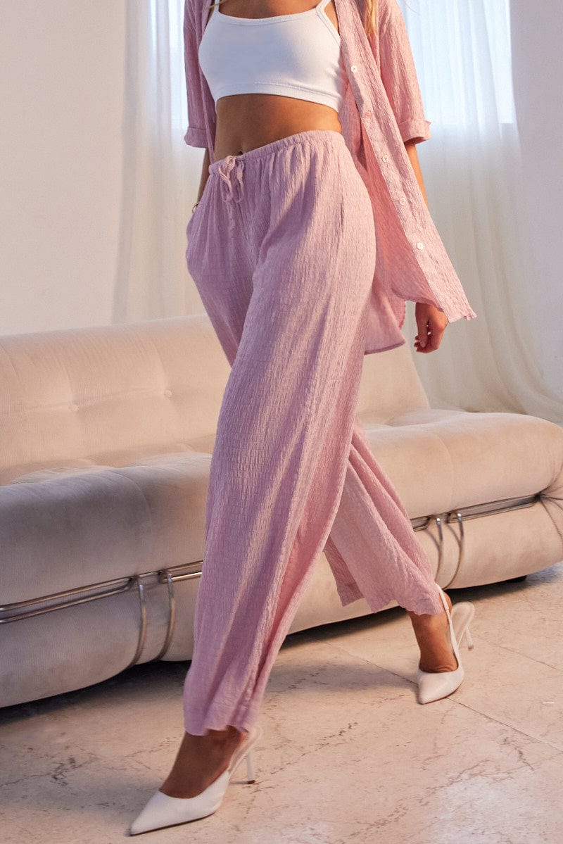 Pink Wide Leg Pants High Rise Textured Fabric Ally Fashion