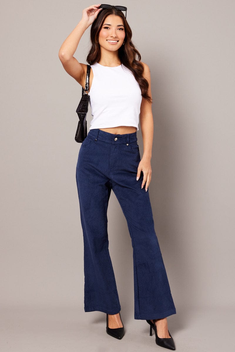 Blue Wide Leg Pants High Rise Corduroy Ally Fashion