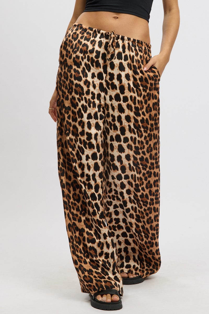 Brown Animal Print Wide Leg Pants Elasticated Waist Ally Fashion