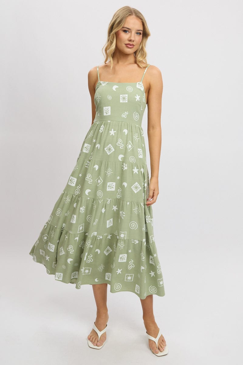 Green Abstract Midi Dress Tiered Strappy | Ally Fashion Green Abstract Midi Dress Tiered Strappy | Ally Fashion