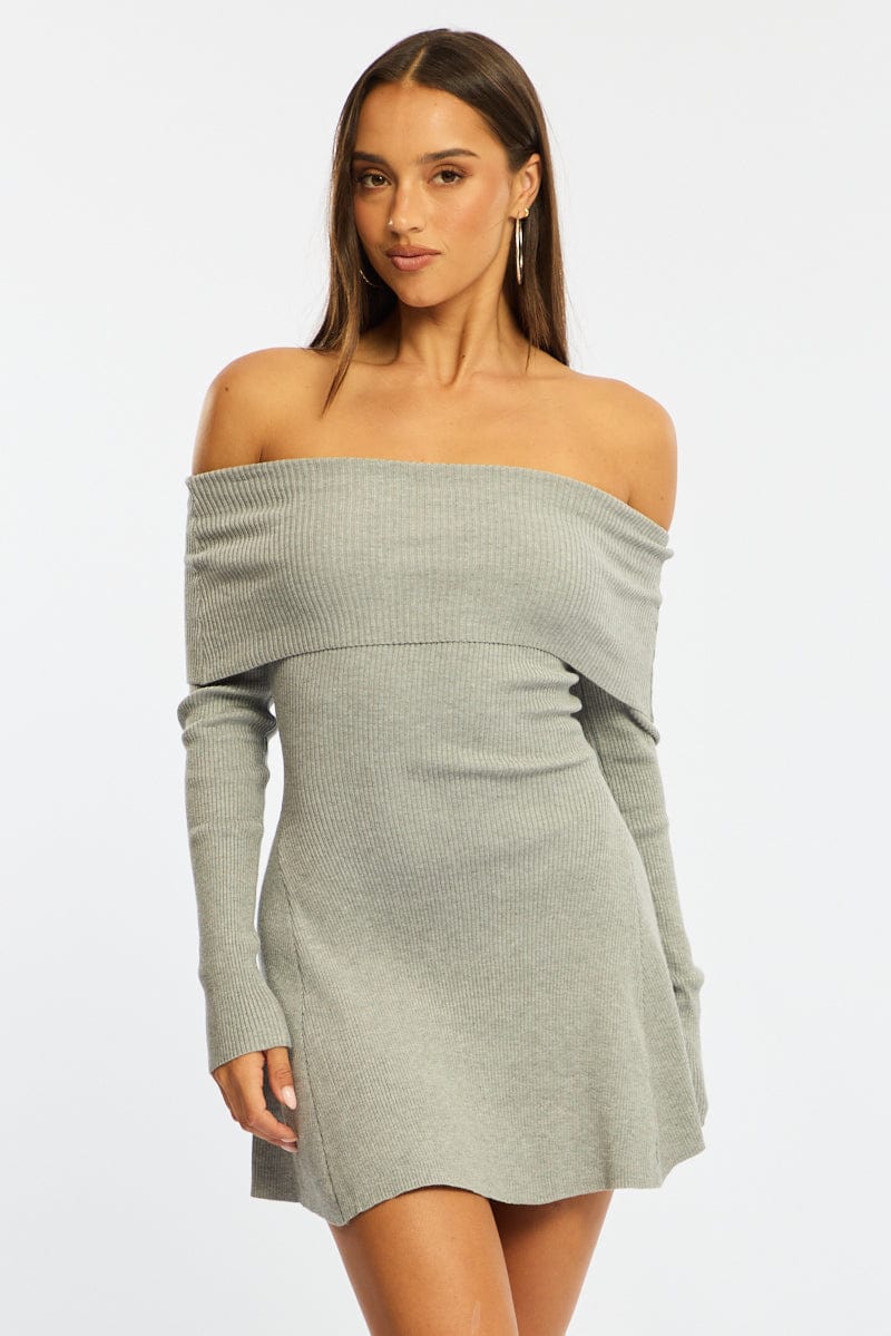Grey Knit Dress Long Sleeve Off Shoulder | Ally Fashion Grey Knit Dress Long Sleeve Off Shoulder | Ally Fashion