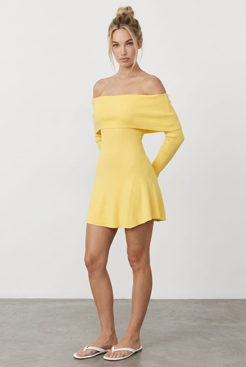 Yellow Knit Dress Long Sleeve Off Shoulder | Ally Fashion