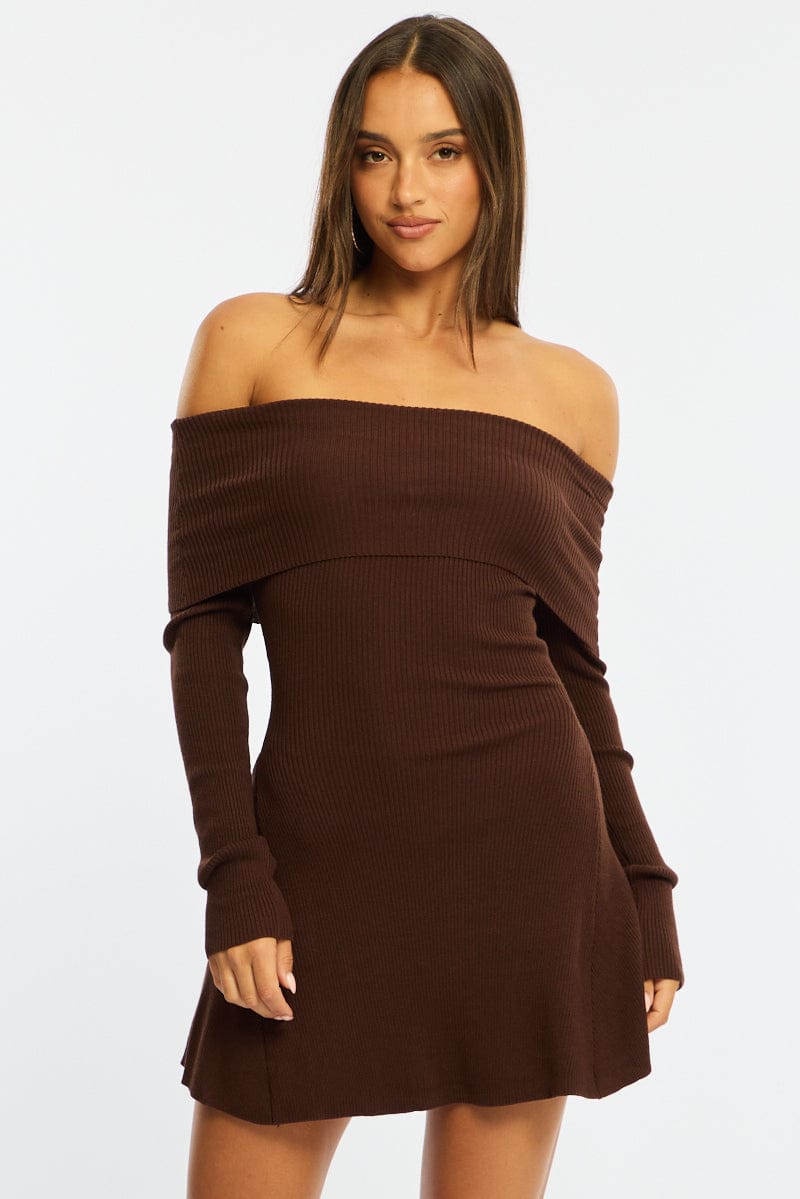 Brown Knit Dress Long Sleeve Off Shoulder | Ally Fashion Brown Knit Dress Long Sleeve Off Shoulder | Ally Fashion