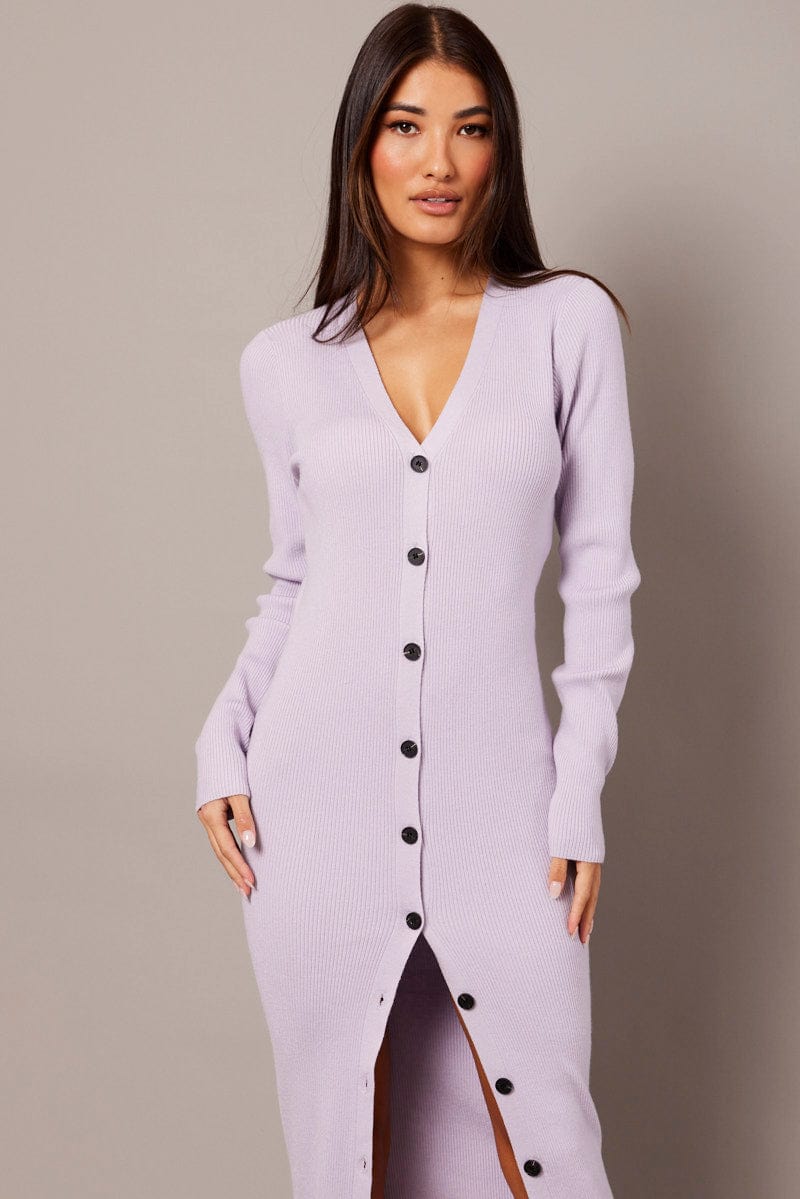 Purple Knit Dress Long Sleeve Button Front | Ally Fashion Purple Knit Dress Long Sleeve Button Front | Ally Fashion
