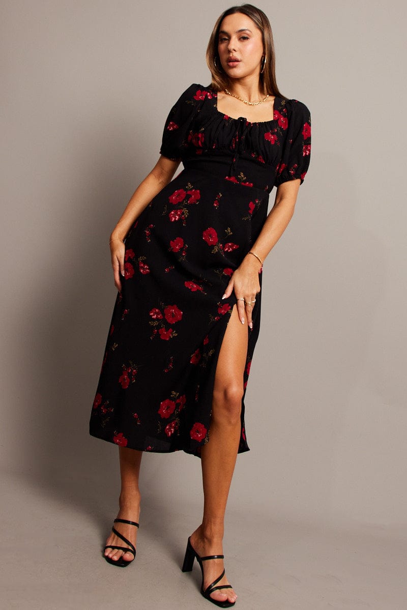Black Floral Midi Dress Puff Sleeve Midi Ally Fashion