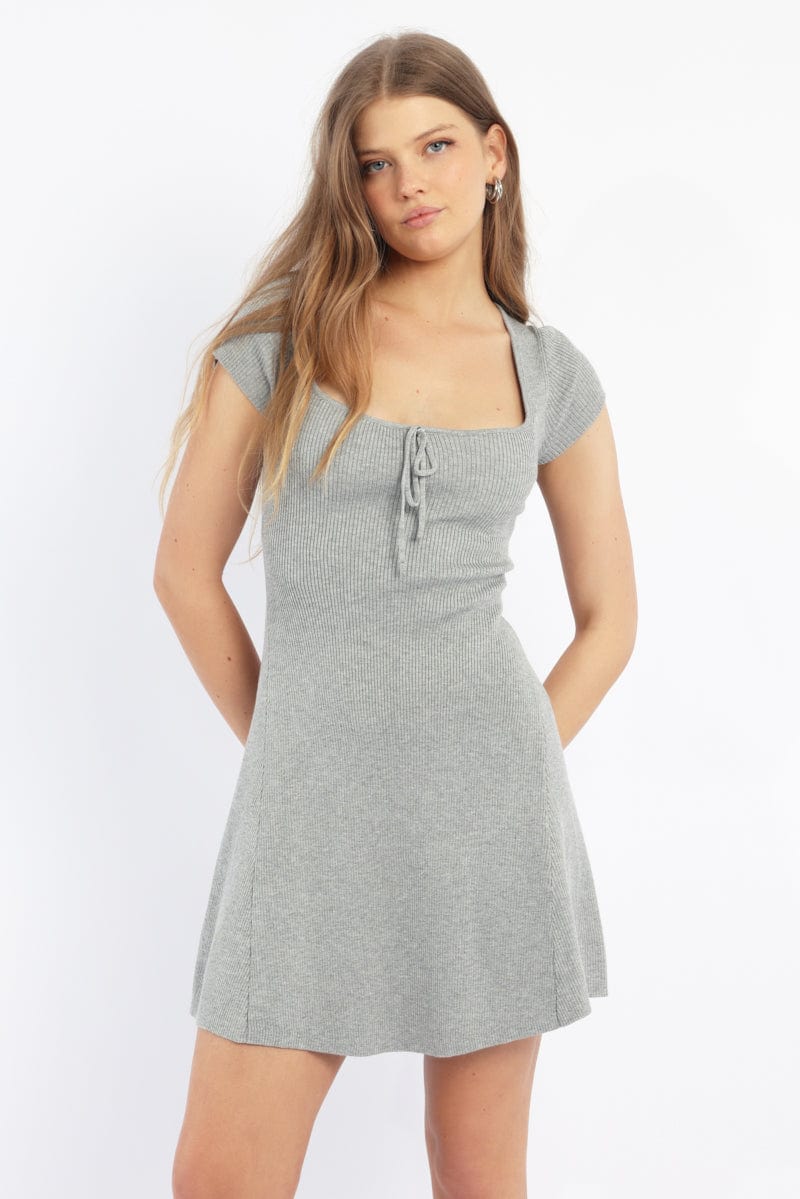 Grey Knit Dress Fit And Flare Short Sleeve | Ally Fashion Grey Knit Dress Fit And Flare Short Sleeve | Ally Fashion