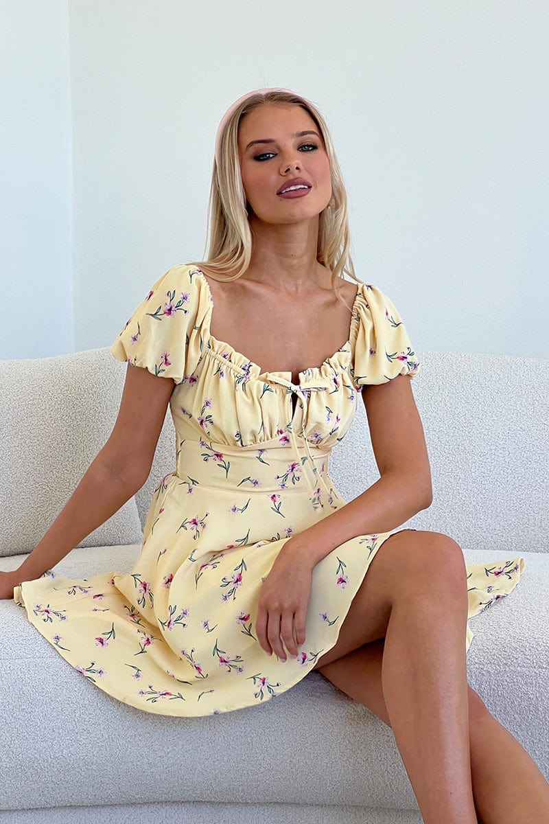 Yellow Floral Fit And Flare Dress Mini | Ally Fashion Yellow Floral Fit And Flare Dress Mini | Ally Fashion