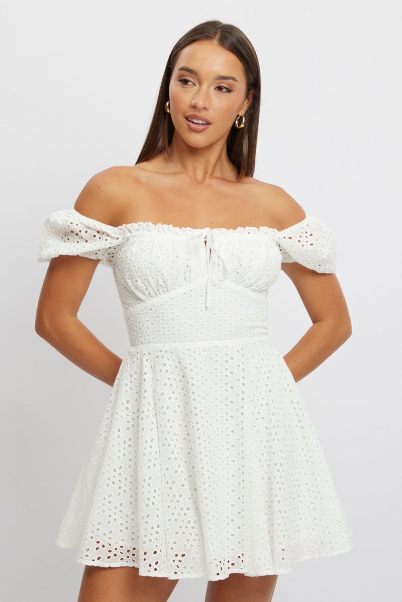 White Fit And Flare Dress Mini Eyelet Fabric | Ally Fashion White Fit And Flare Dress Mini Eyelet Fabric | Ally Fashion