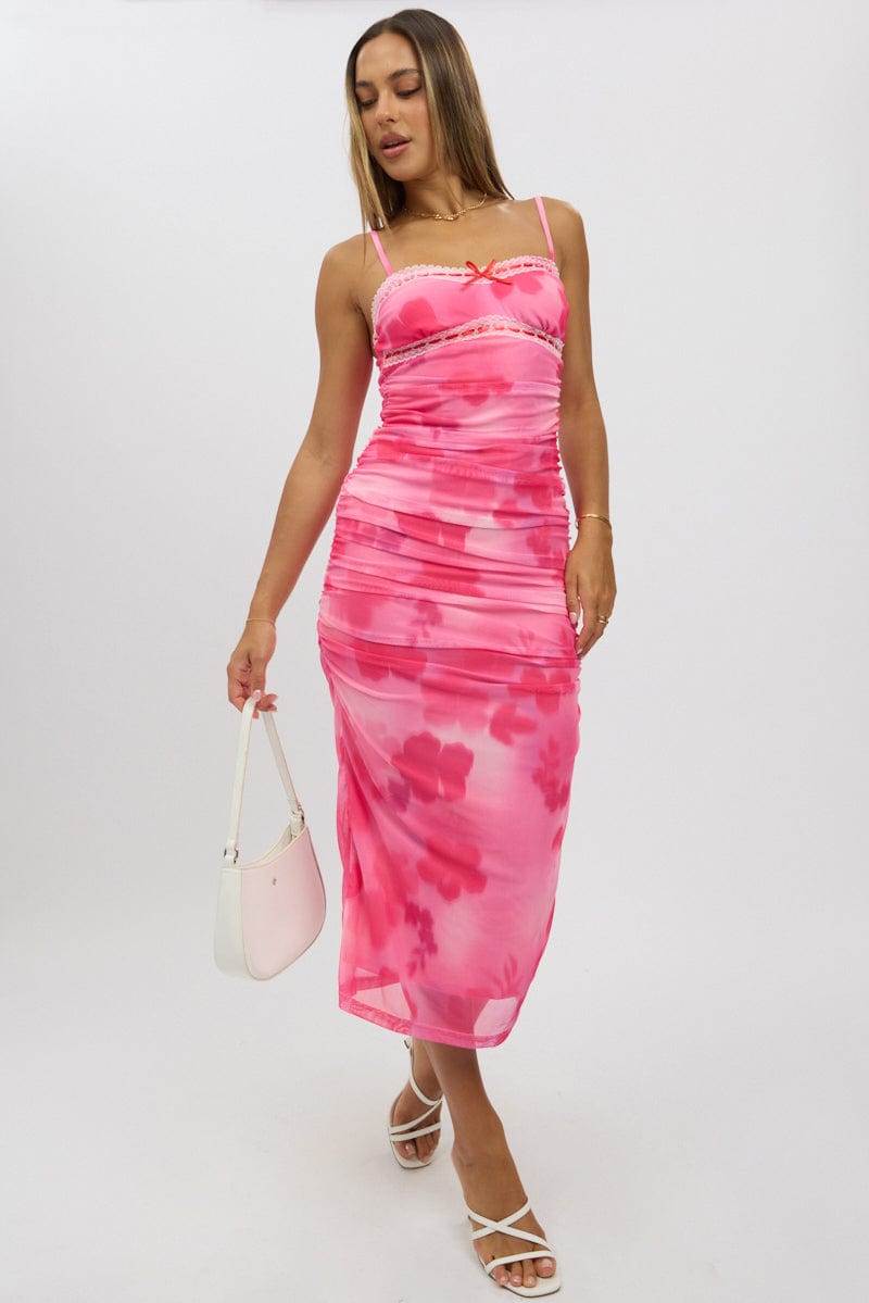 Pink Floral Bodycon Dress Singlet Mesh Midi | Ally Fashion Pink Floral Bodycon Dress Singlet Mesh Midi | Ally Fashion