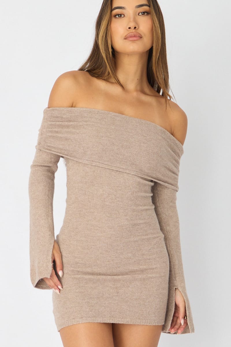 Beige Knit Dress Off Shoulder | Ally Fashion Beige Knit Dress Off Shoulder | Ally Fashion