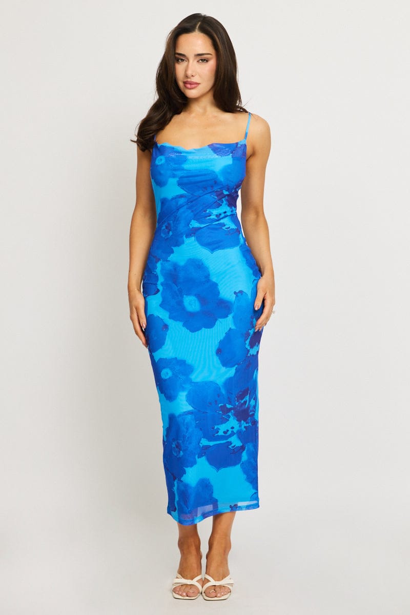 Blue Floral Bodycon Dress Cowl Neck Maxi | Ally Fashion Blue Floral Bodycon Dress Cowl Neck Maxi | Ally Fashion