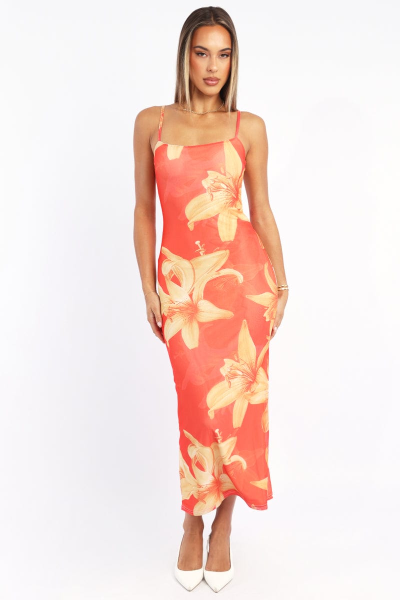 Orange Floral Bodycon Dress Maxi Mesh | Ally Fashion Orange Floral Bodycon Dress Maxi Mesh | Ally Fashion
