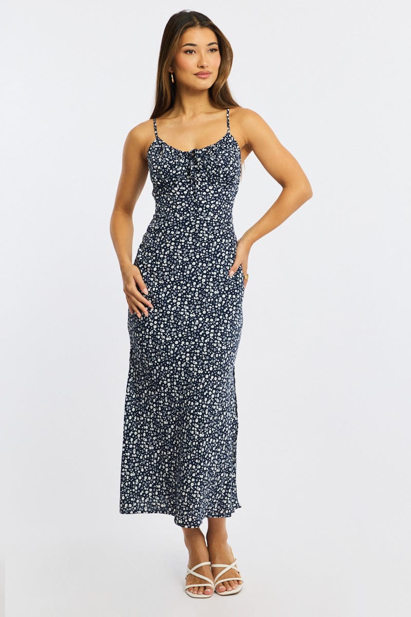 Blue Ditsy Midi Dress Gathering Bust Sleeveless | Ally Fashion Blue Ditsy Midi Dress Gathering Bust Sleeveless | Ally Fashion