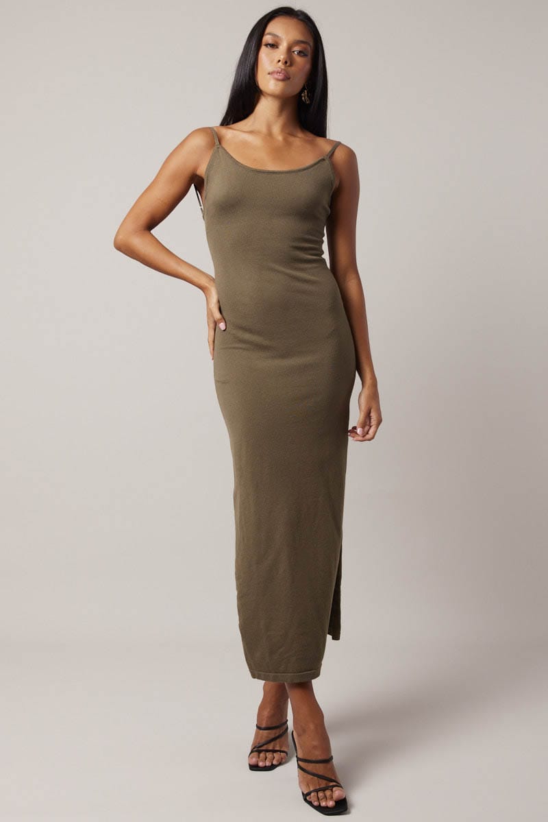 green brown dress Green Knit Dress Sleeveless Maxi