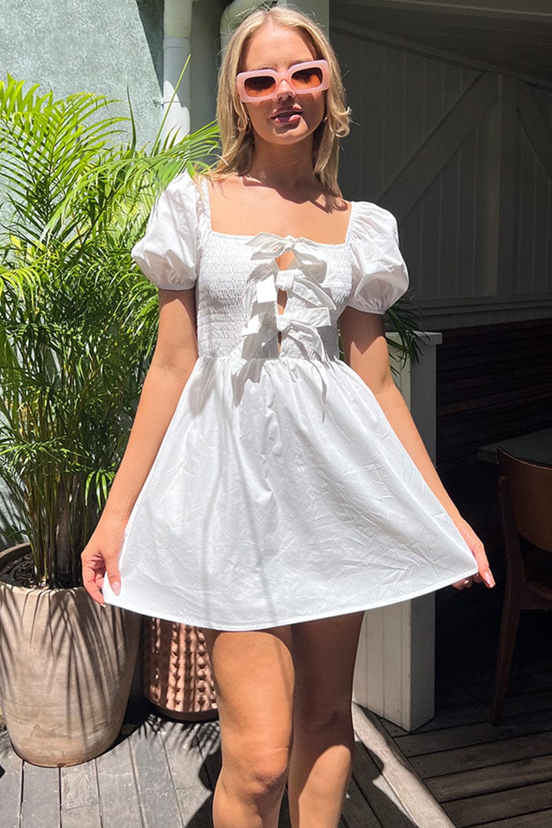 ally fashion mini dress White Mini Dress Ribbon Detail