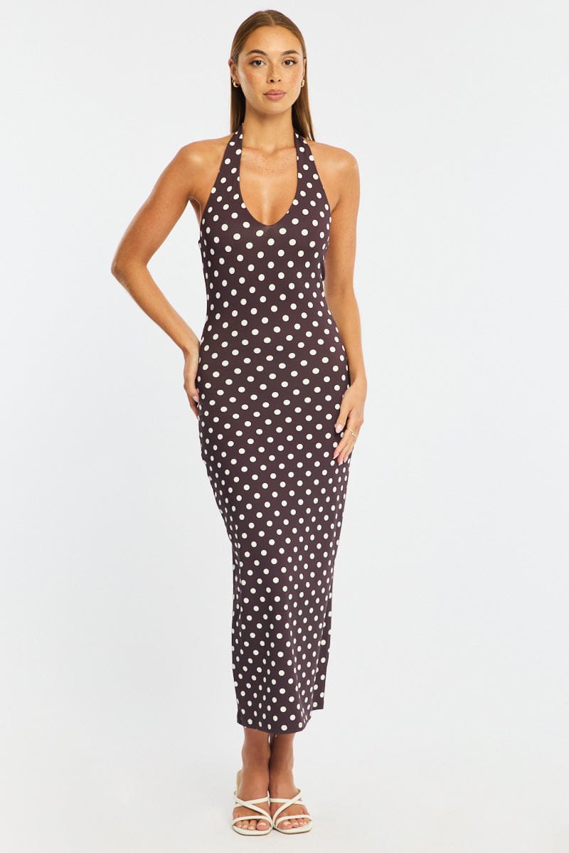 Brown Polka Dot Bodycon Dress Halter Neck | Ally Fashion Brown Polka Dot Bodycon Dress Halter Neck | Ally Fashion