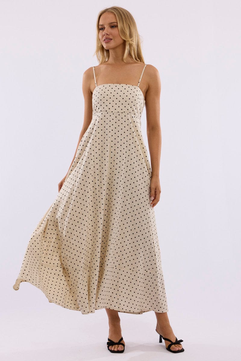 Beige Polka Dot Maxi Dress Strappy Ally Fashion