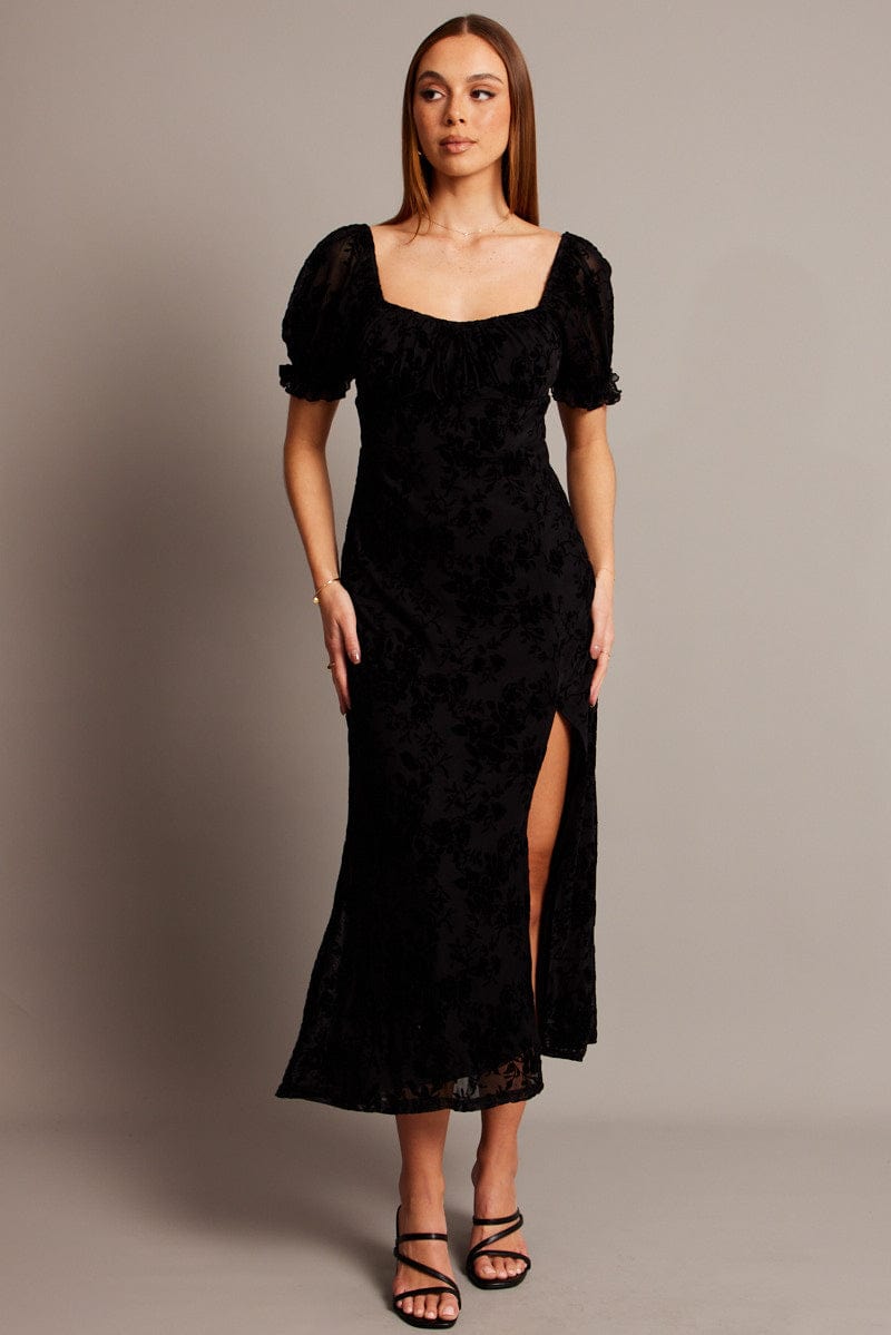 Black Midi Dress Puff Sleeve Burn Out Ally Fashion