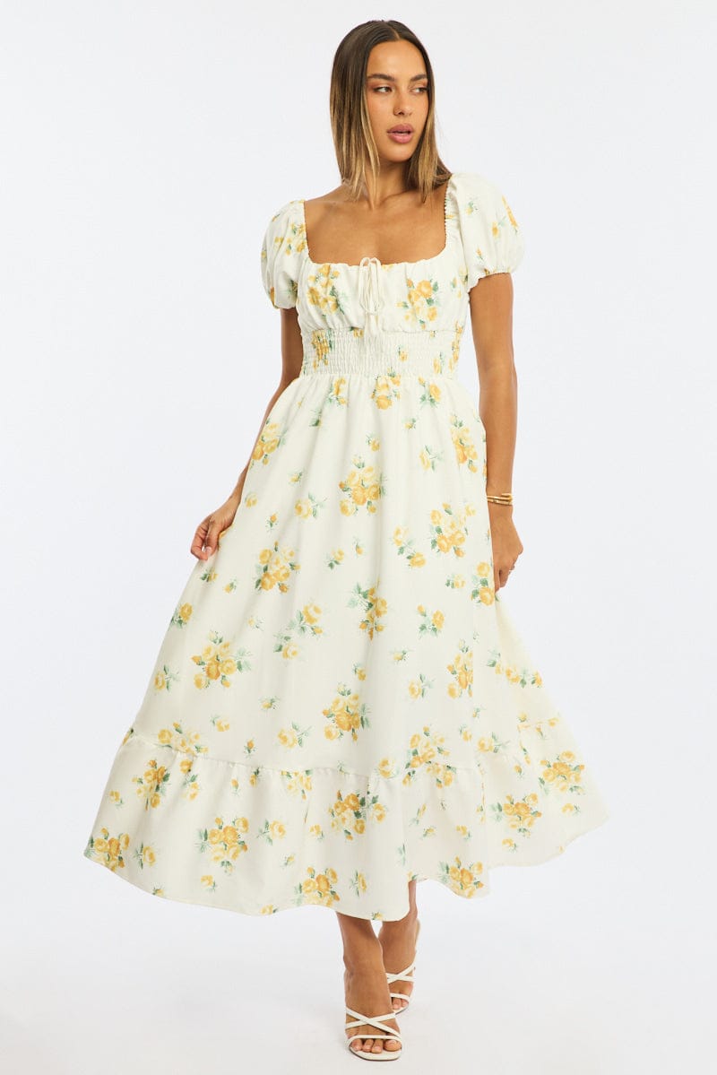 Yellow Floral Maxi Dress Puff Sleeve | Ally Fashion