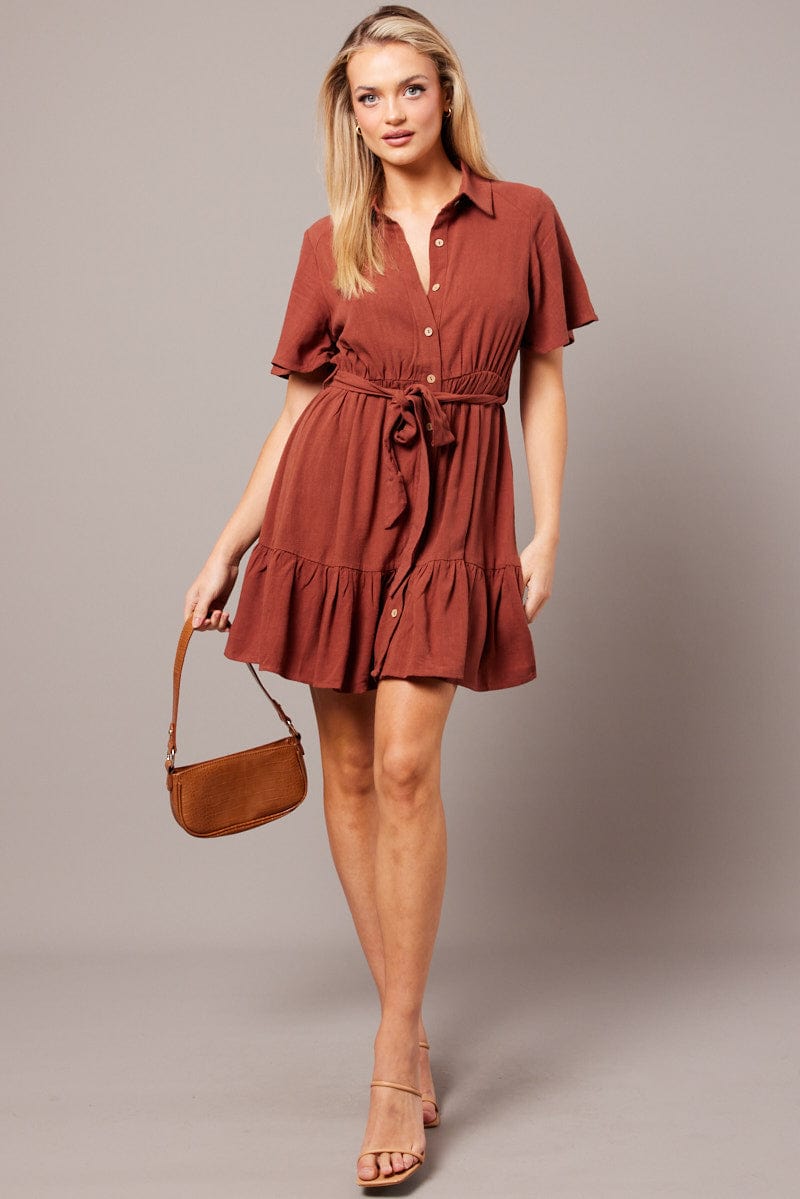 Brown Fit And Flare Dress Wing Sleeve | Ally Fashion Brown Fit And Flare Dress Wing Sleeve | Ally Fashion