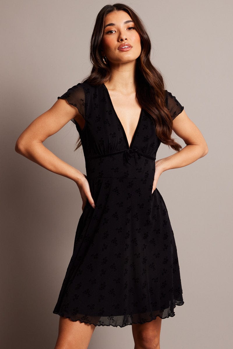 Black Ditsy Mini Dress Short Sleeve Burn out | Ally Fashion Black Ditsy Mini Dress Short Sleeve Burn out | Ally Fashion