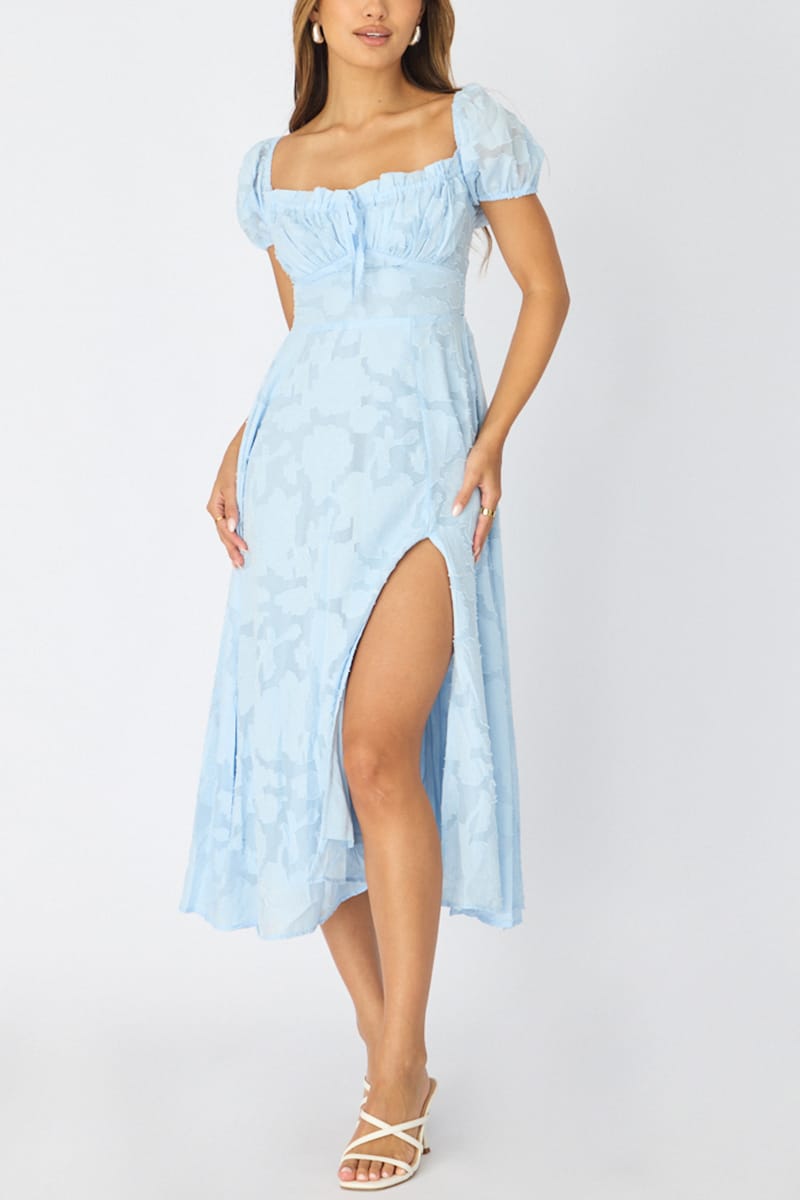 Blue Midi Dress Puff Sleeve | Ally Fashion Blue Midi Dress Puff Sleeve | Ally Fashion