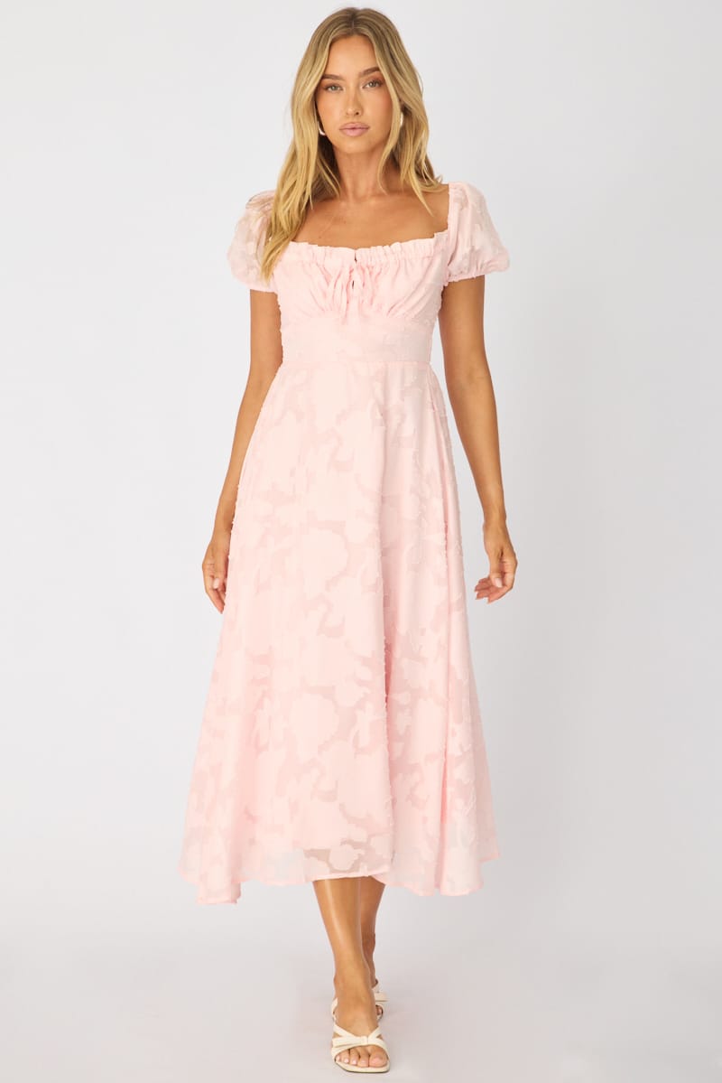 Pink Midi Dress Puff Sleeve | Ally Fashion Pink Midi Dress Puff Sleeve | Ally Fashion
