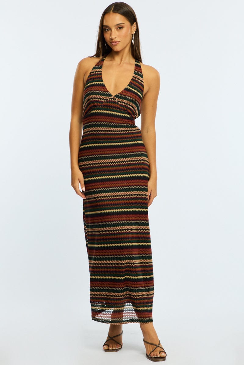 halter light pink dress Multi Stripe Midi Dress Halter Neck