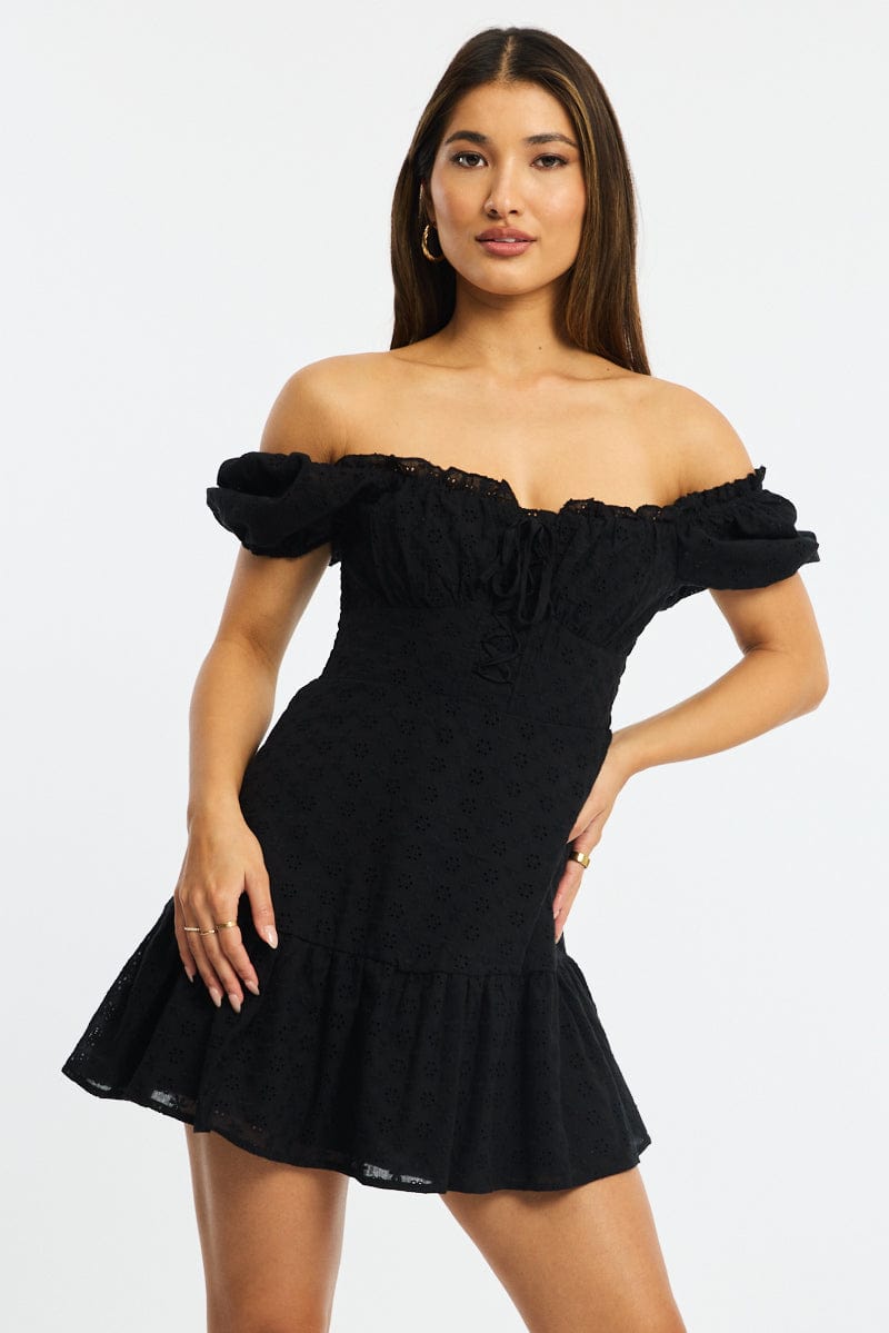 Black Fit And Flare Dress Puff Sleeve Eyelet Fabric
