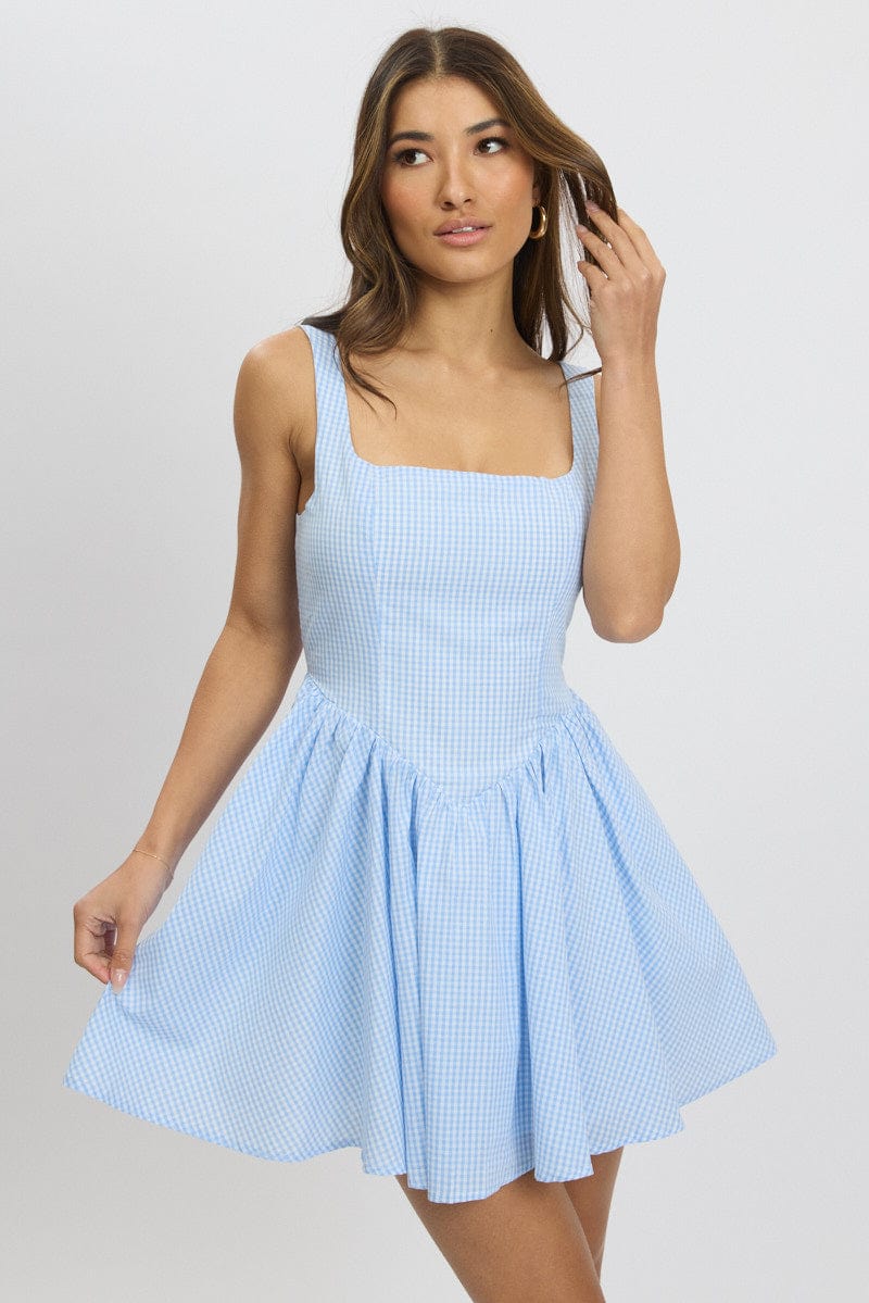 Blue Check Fit And Flare Dress Mini | Ally Fashion Blue Check Fit And Flare Dress Mini | Ally Fashion