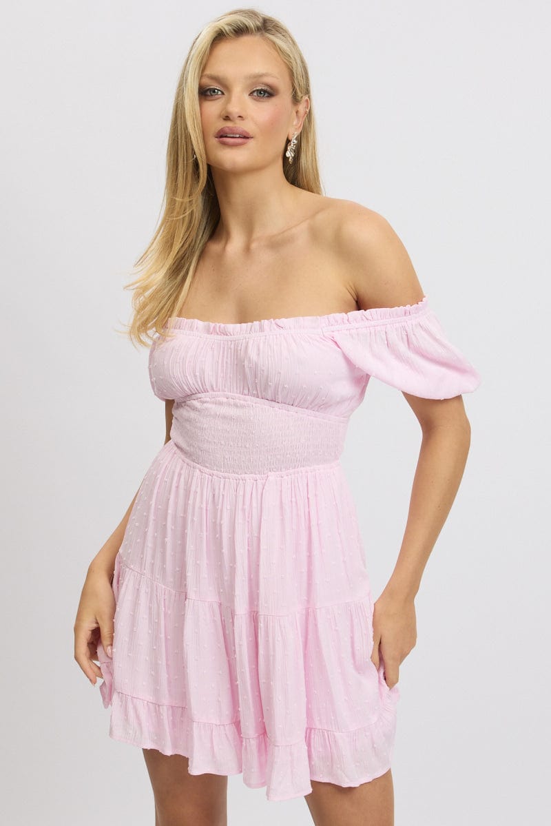 Pink Fit And Flare Dress Puff Sleeve Mini