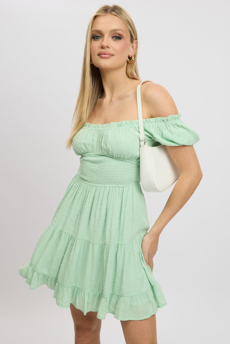Green Fit And Flare Dress Puff Sleeve Mini | Ally Fashion Green Fit And Flare Dress Puff Sleeve Mini | Ally Fashion