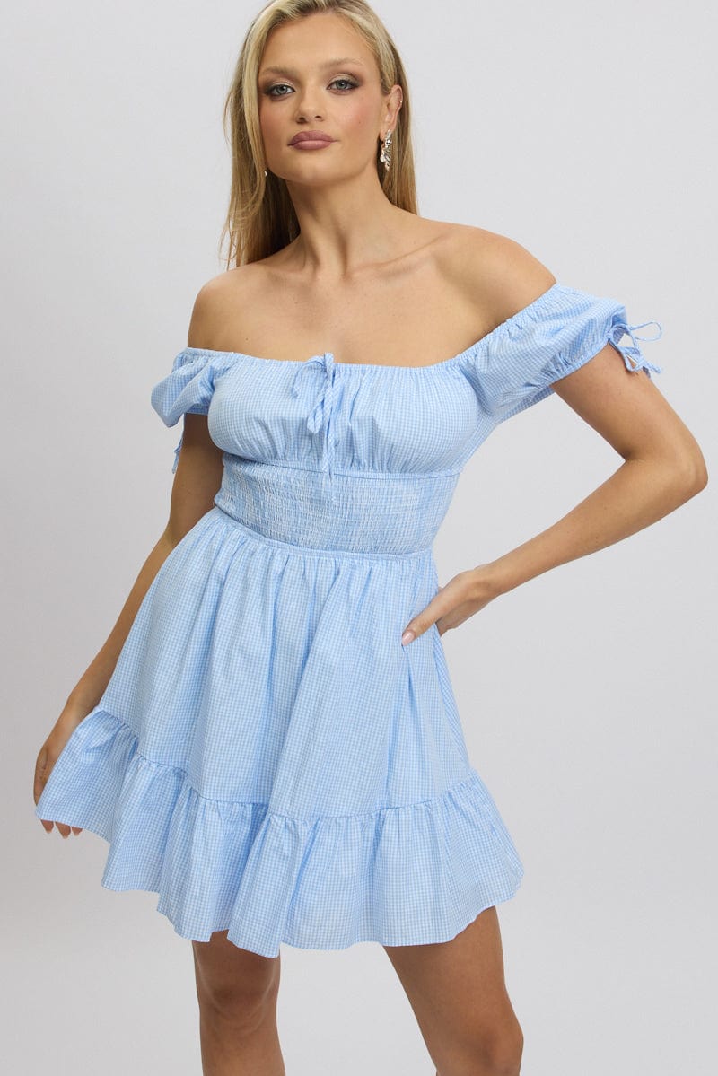 Blue Check Fit And Flare Dress Puff Sleeve Mini | Ally Fashion Blue Check Fit And Flare Dress Puff Sleeve Mini | Ally Fashion