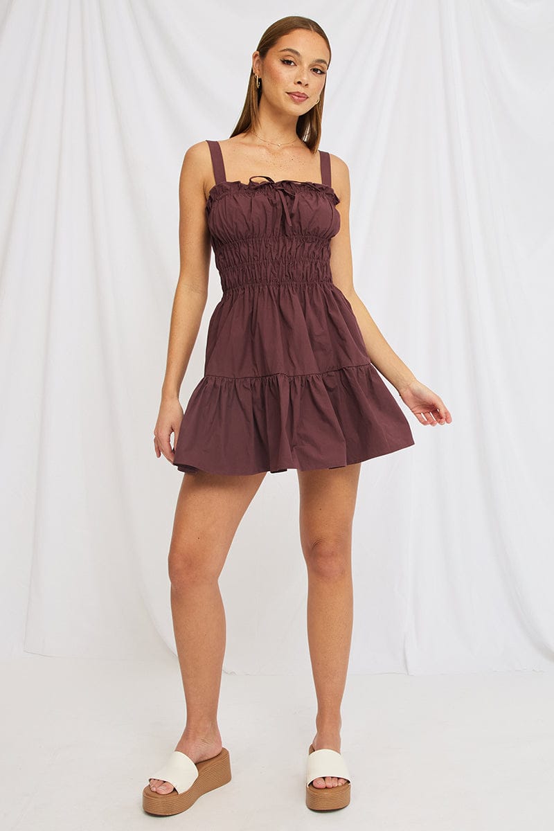 Brown Fit And Flare Dress Mini Poplin
