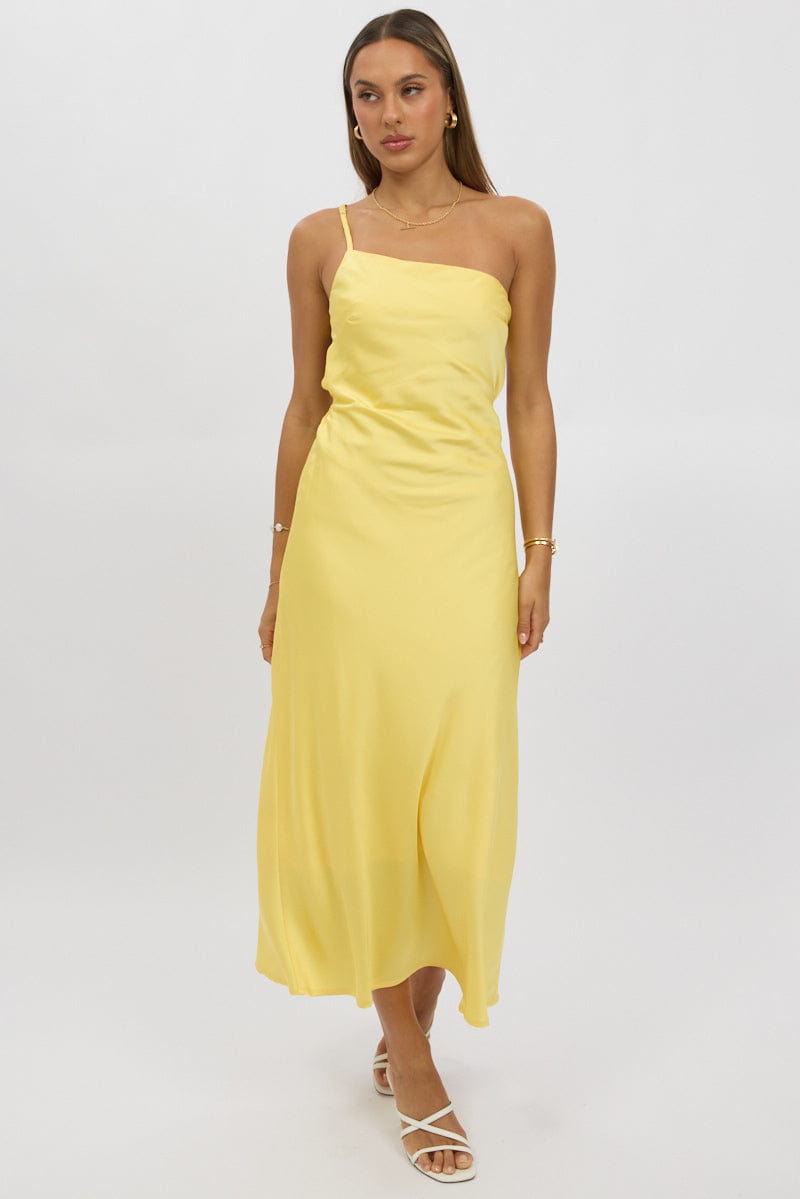 Yellow One Shoulder Dress Satin Ally Fashion - Main Image