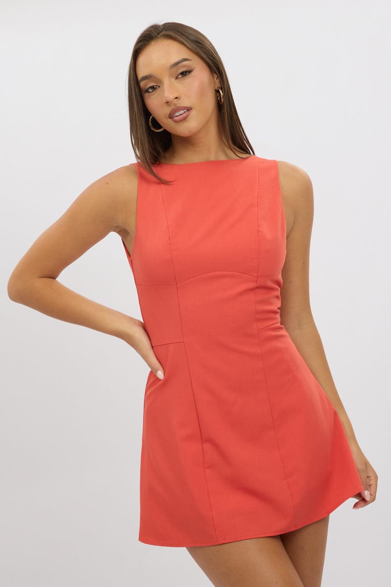 Red Mini Dress Boat Neck Red Mini Dress Boat Neck