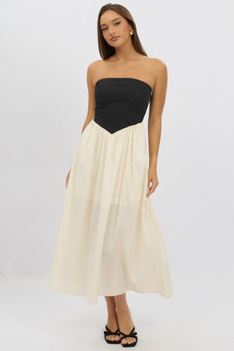 Beige Strapless Maxi Dress Colour Block | Ally Fashion Beige Strapless Maxi Dress Colour Block | Ally Fashion