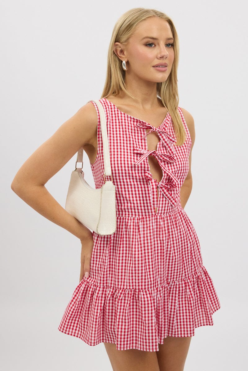 Red Check Mini Dress Ribbon Detail | Ally Fashion Red Check Mini Dress Ribbon Detail | Ally Fashion