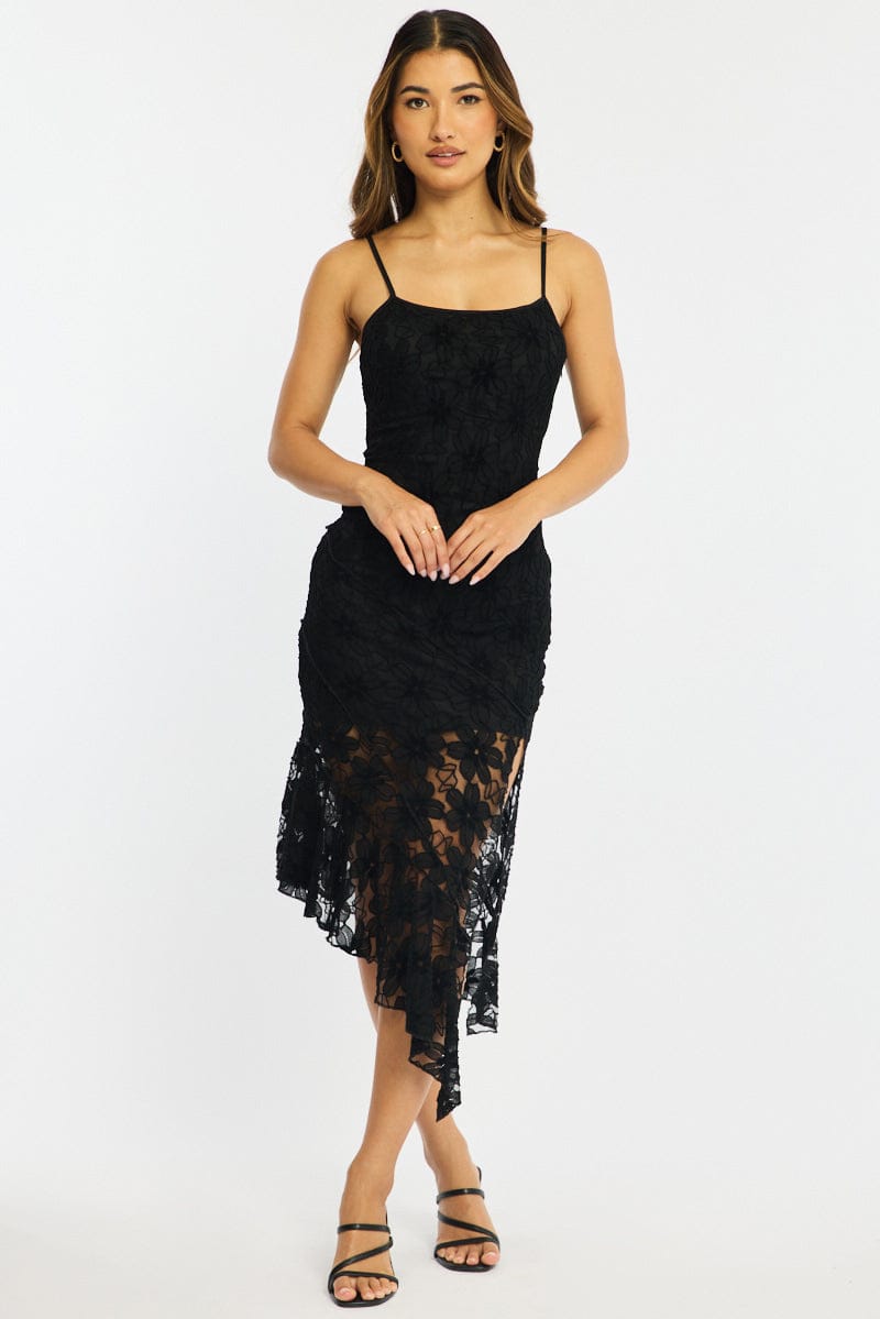 Black Midi Dress Asymmetric Hem Lace | Ally Fashion Black Midi Dress Asymmetric Hem Lace | Ally Fashion