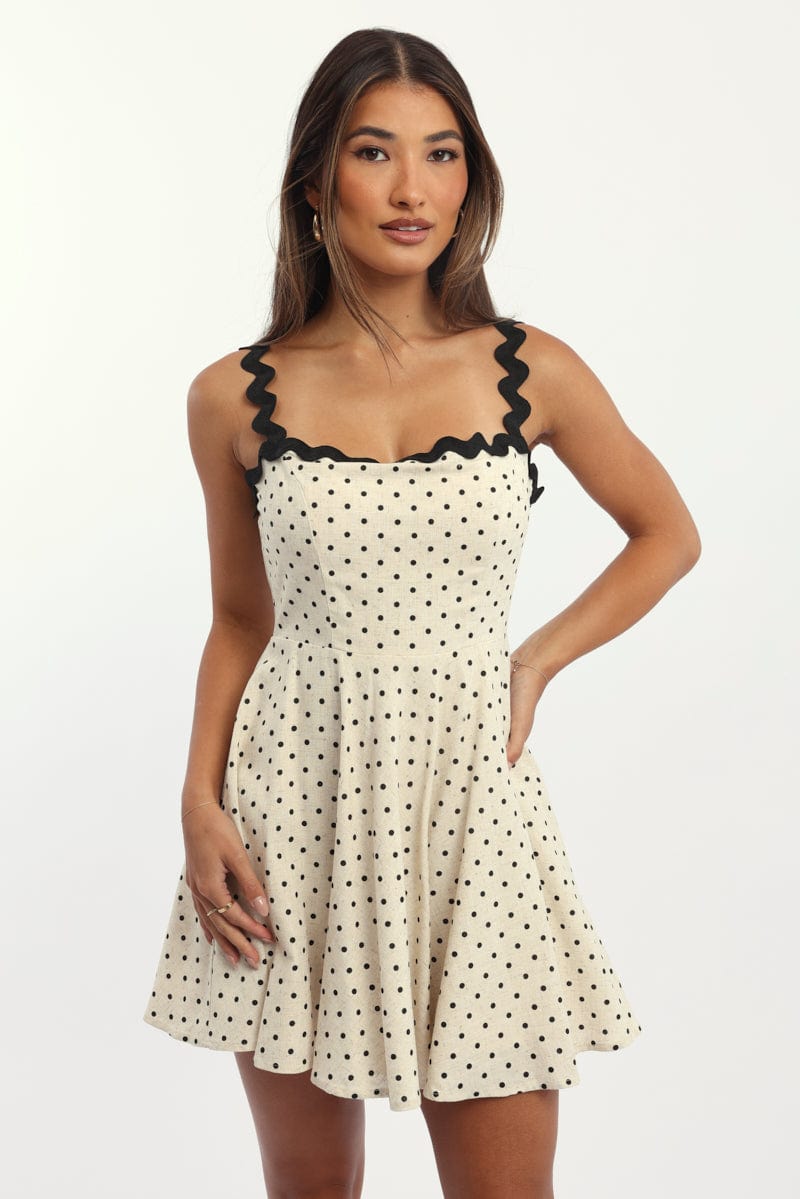 Beige Polka Dot Fit And Flare Dress Mini | Ally Fashion Beige Polka Dot Fit And Flare Dress Mini | Ally Fashion
