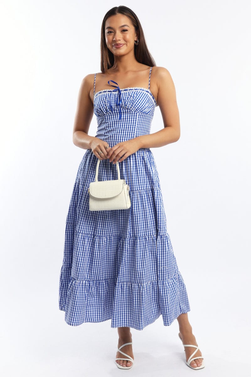 Blue Check Maxi Dress Satin Tape Detail | Ally Fashion Blue Check Maxi Dress Satin Tape Detail | Ally Fashion